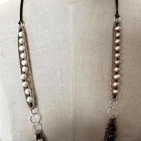 Nakamol brown  and cream pearl multi strand long chain necklace - Picture 2 of 15